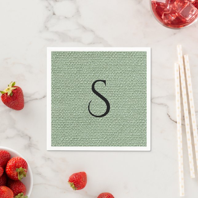Serviette En Papier Élégant Monogramme Vert Sauge Faux Lin (En situation)