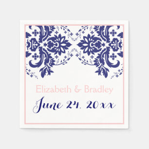 Serviette En Papier Elégant motif damassé bleu marine, mariage rose
