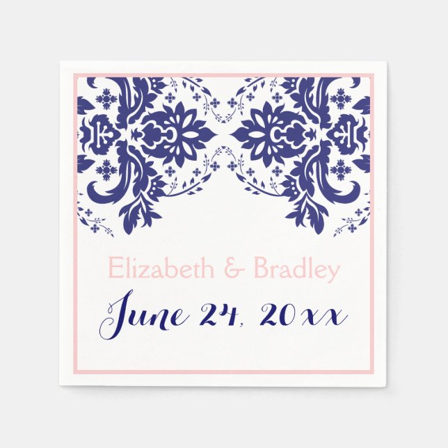 Serviette En Papier Elégant motif damassé bleu marine, mariage rose (Devant)