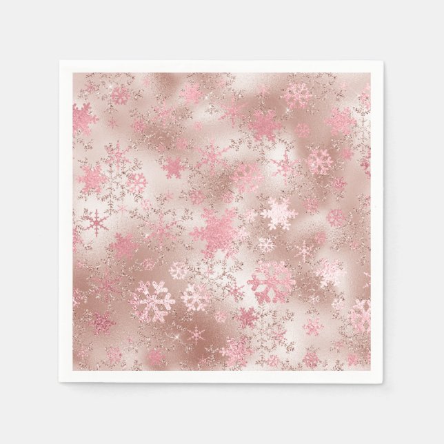Serviette En Papier Élégant Motif de flocon de neige en cuivre et rose (Devant)