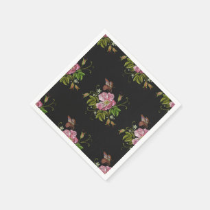 Serviette En Papier Élégant Motif floral broderie Arrière - plan noir