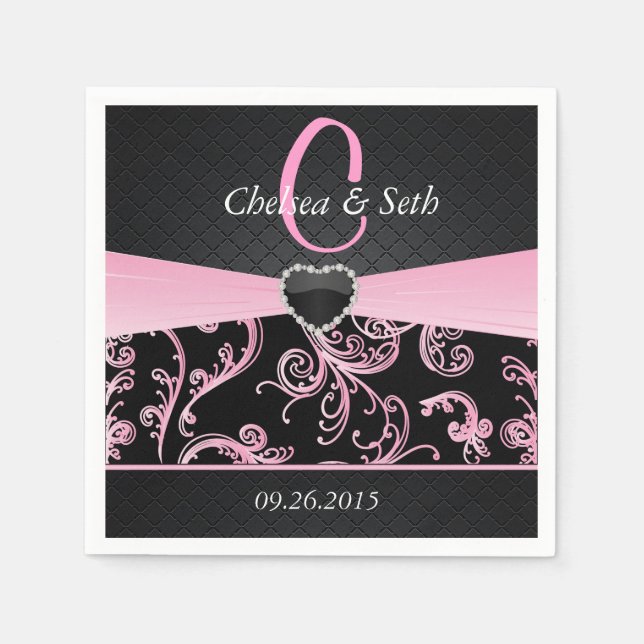 Serviette En Papier Élégant motif floral noir et rose (Devant)