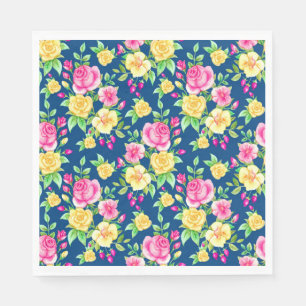 Serviette En Papier Élégant motif floral rose fuchsia jaune