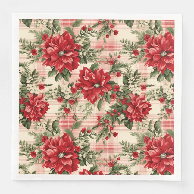 Serviette En Papier Élégant motif floral rouge Noël (Devant)