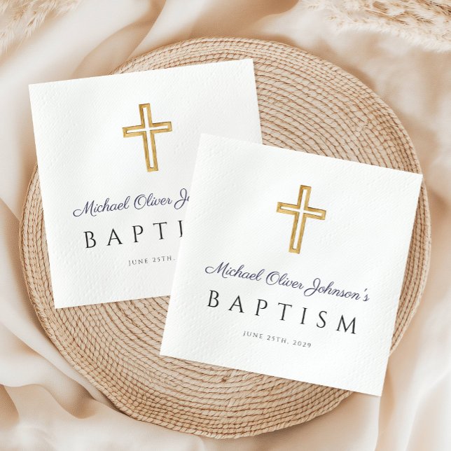 Serviette En Papier Elegant  Navy Blue Script Religious Cross Boy (Elegant Navy Blue Script Religious Cross Boy Napkins)