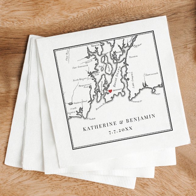 Serviette En Papier Élégant Newport Rhode Island Black White Mariage (Elegant black and white Newport Rhode Island wedding napkins from Coastal Map Designs)