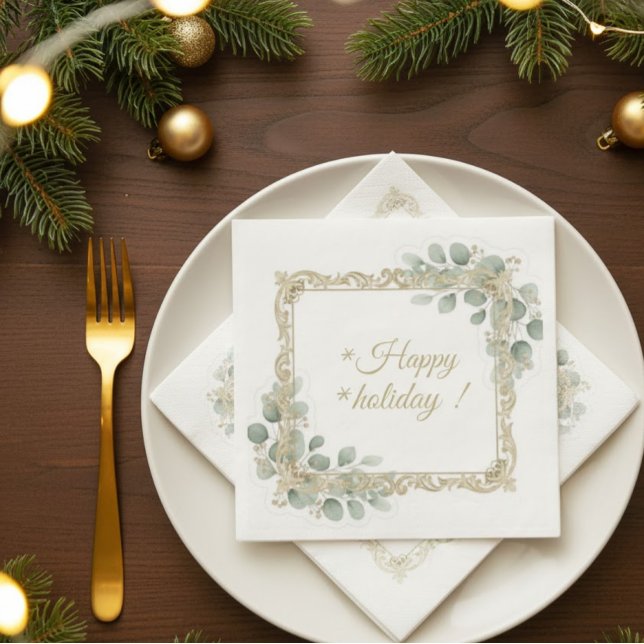 Serviette En Papier Élégant Noël Or & Eucalyptus (Créateur téléchargé)