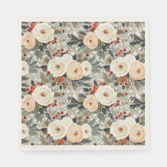 Serviette En Papier Elégant Noël Roses blanches et Berry rouge d'hiver (Devant)