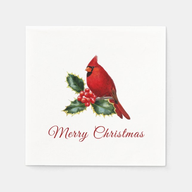 Serviette En Papier Élégant Noël Rouge Cardinal Oiseau Holly (Devant)