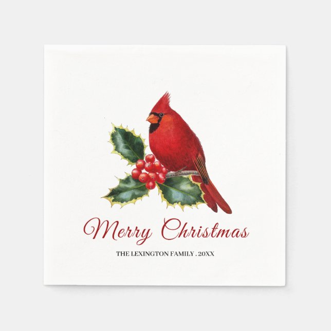 Serviette En Papier Élégant Noël Rouge Cardinal Oiseau Holly (Devant)