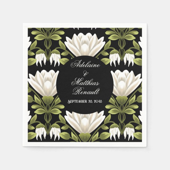 Serviette En Papier Elégant noir & blanc Mariage floral : Calligraphie (Devant)