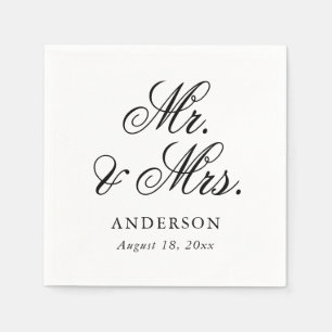 Serviette En Papier Élégant noir blanc Script Mr & Mrs Mariage
