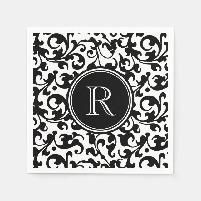 Serviette En Papier Élégant noir et blanc Damask Scroll Monogramme (Devant)