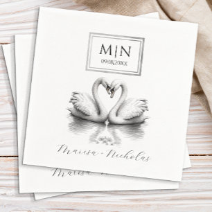 Serviette En Papier Élégant noir et blanc Mariage de cygne romantique