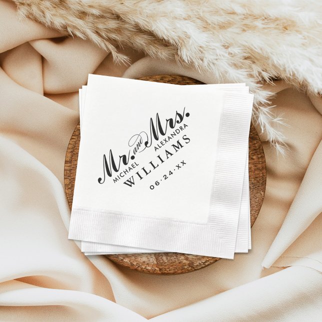 Serviette En Papier Élégant Noir M. et Mme Monogramme de mariage perso (Créateur téléchargé)
