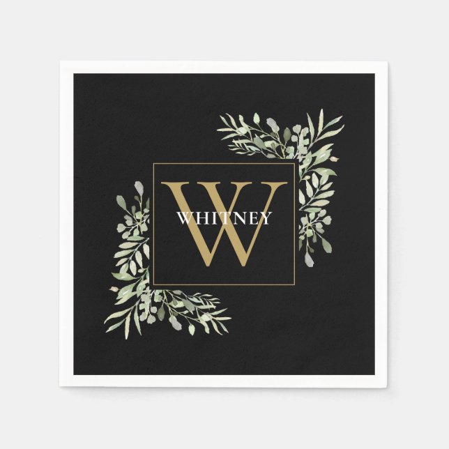 Serviette En Papier Élégant Noir Monogramme Vert Floral (Devant)
