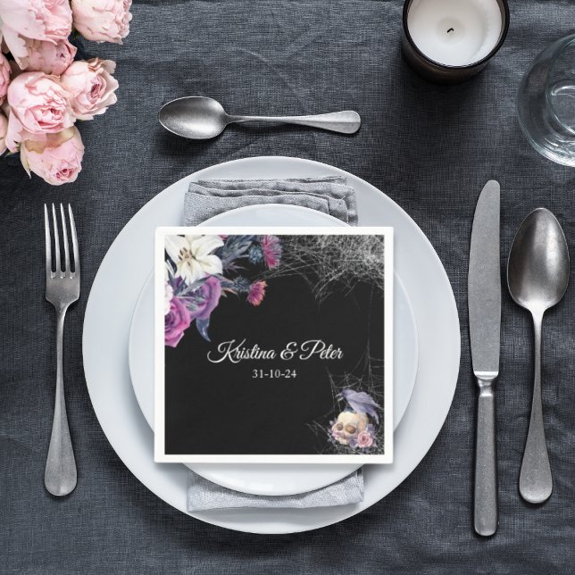 Serviette En Papier Élégant noir violet gothique Mariage crâne floral (Créateur téléchargé)