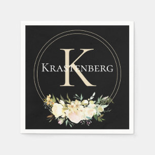 Serviette En Papier Élégant nom de monogramme personnalisé Roses blanc