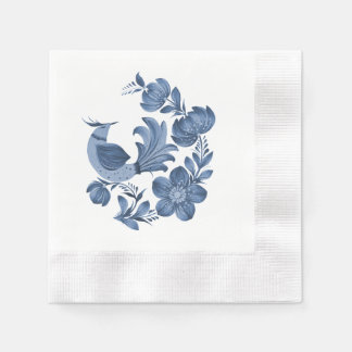 Serviette En Papier Élégant oiseau et floral d'art populaire bleu
