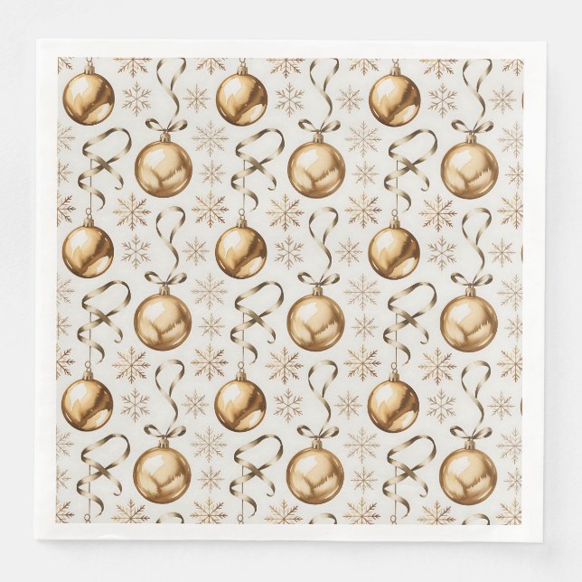 Serviette En Papier Élégant or & blanc Motif de boules de Noël (Devant)