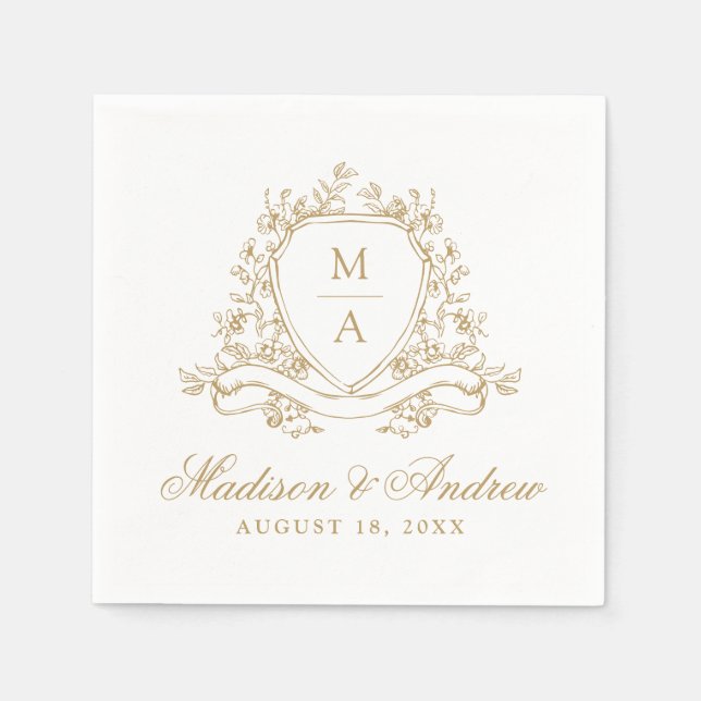 Serviette En Papier Élégant or Floral Crest Monogram Mariage (Devant)