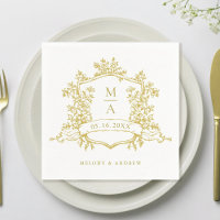 Élégant or Floral Crest Monogrammes Mariage