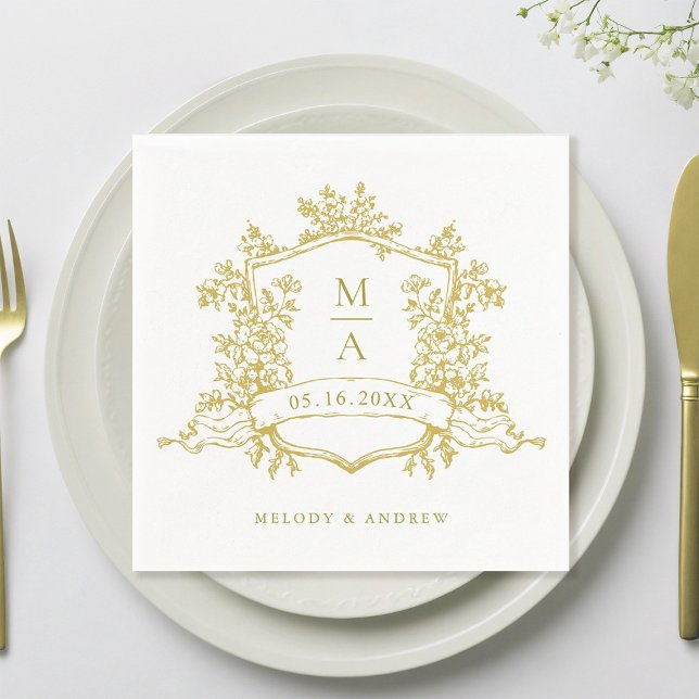 Serviette En Papier Élégant or Floral Crest Monogrammes Mariage (Créateur téléchargé)