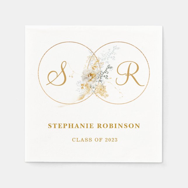 Serviette En Papier Élégant or Floral Monogramme Graduation (Devant)