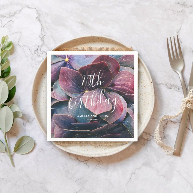 Serviette En Papier Elégant or violet bleu hydrangée 70e anniversaire (Créateur téléchargé)