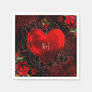 Serviette En Papier Élégant Ornemental Fleur de Coeur Fête Noir & Roug