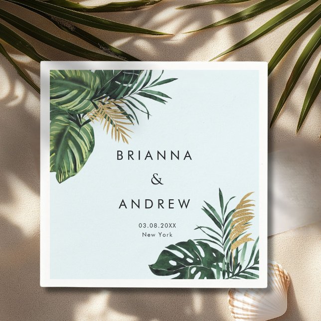 Serviette En Papier Elégant, Palmier Vert, Or (Imitation) (Custom, Elegant, Green Palm, Gold (Imitation) Light-Blue Napkins with your Name & Date.)