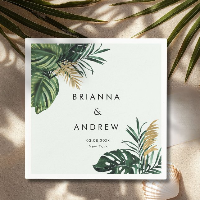 Serviette En Papier Elégant, Palmier Vert, Or (Imitation) (Custom, Elegant, Green Palm, Gold (Imitation) Light-Green Napkins with your Name & Date.)