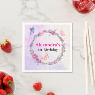 Serviette En Papier Élégant Papillon floral rose et violet