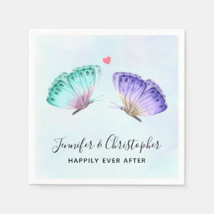 Serviette En Papier Élégant Papillons Aquarelle Vert & Violet