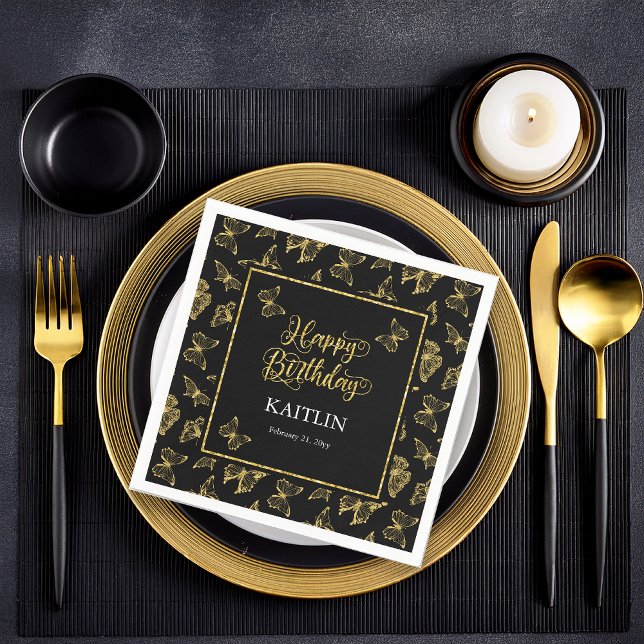 Serviette En Papier Élégant Papillons Noir Or Joyeux Anniversaire (Elegant Black and Faux Gold Butterflies "Happy Birthday" Party Paper Napkins)