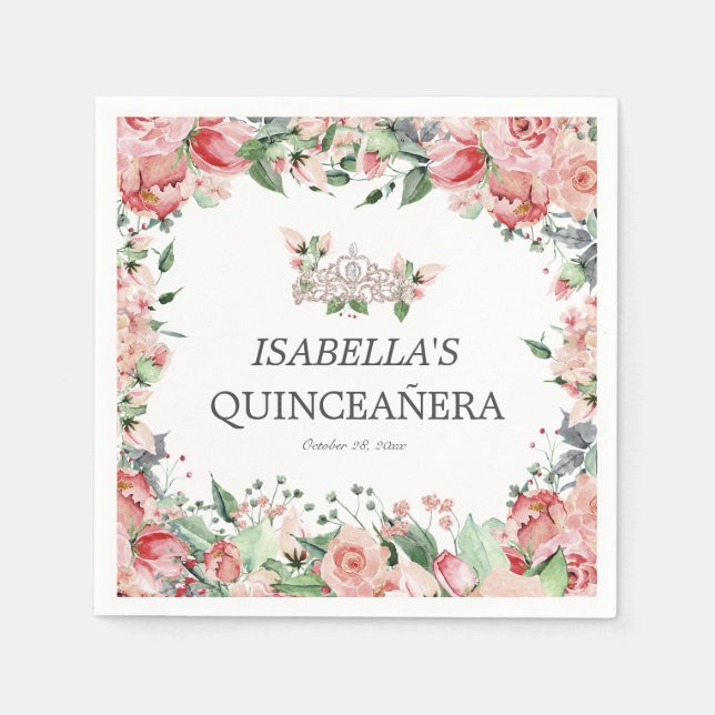 Serviette En Papier Élégant Parti Floral Rose Quinceañera (Devant)
