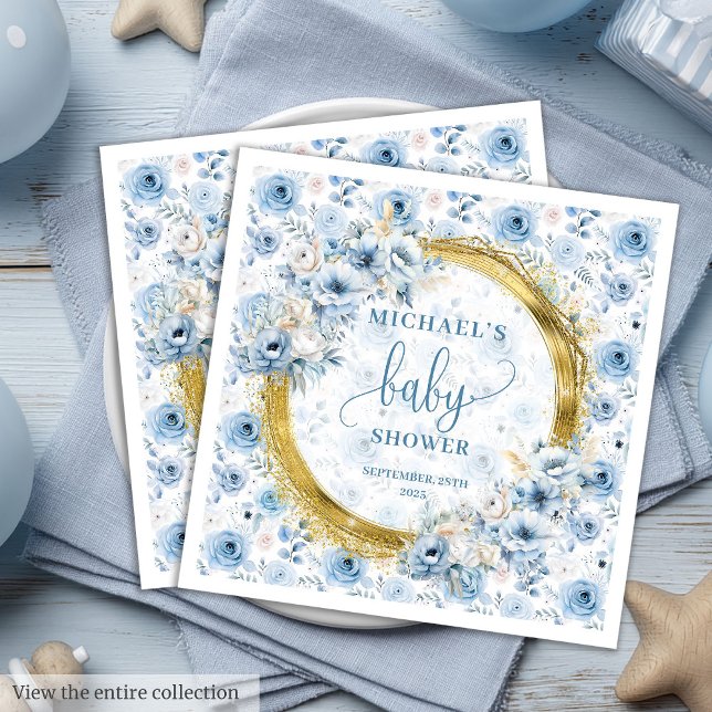 Serviette En Papier Elégant pastel bleu rose or baby shower garçon (Stylish pastel blue roses gold boy baby shower Paper Dinner Napkins )
