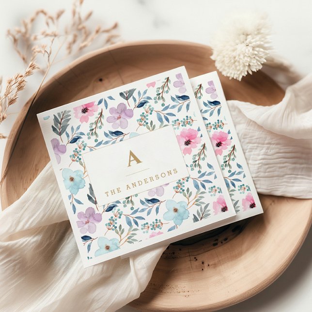 Serviette En Papier Élégant Pastel Blue Watercolor Flowers Monogram (Créateur téléchargé)