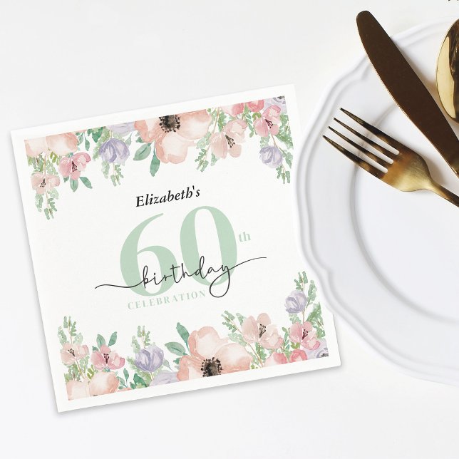 Serviette En Papier Elegant Pastel Floral 60th Birthday Party (Créateur téléchargé)