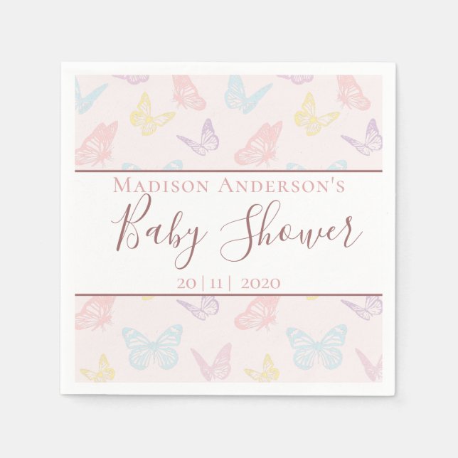 Serviette En Papier Élégant Pastel Papillons rose Baby shower fille (Devant)
