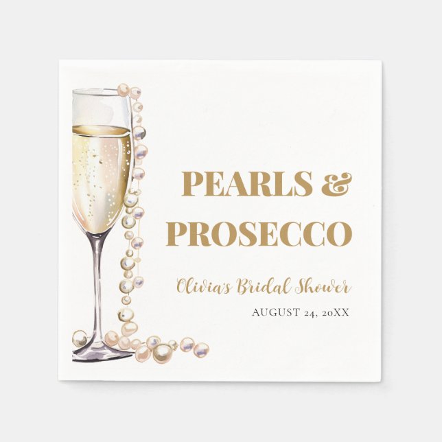 Serviette En Papier Élégant Perles Dorées et Prosecco Enterrement de V (Devant)