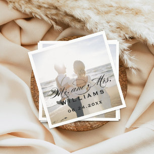 Serviette En Papier Élégant Photo de mariage avec écriture Mr et Mrs e