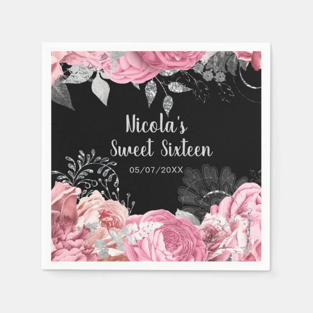 Serviette En Papier Elegant Pink and Silver Flowers Sweet Sixteen  (Devant)