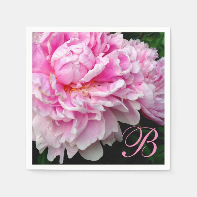 Serviette En Papier Elégant Pink blanc fleuri rose paconé - monogramme (Devant)