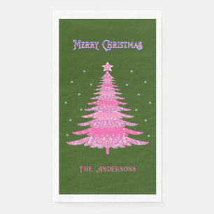 Serviette En Papier Élégant Pink Christmas Tree Nom personnalisé Vert