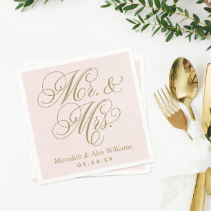 Serviette En Papier Elegant Pink Gold Mr et Mme Script Monogram