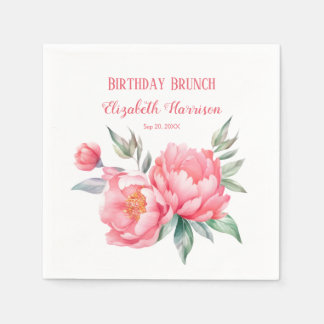 Serviette En Papier Elégant Pink Peony Botanical Anniversaire Brunch