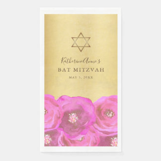 Serviette En Papier Elegant Pink Rose Floral Gold Bat Mitzvah