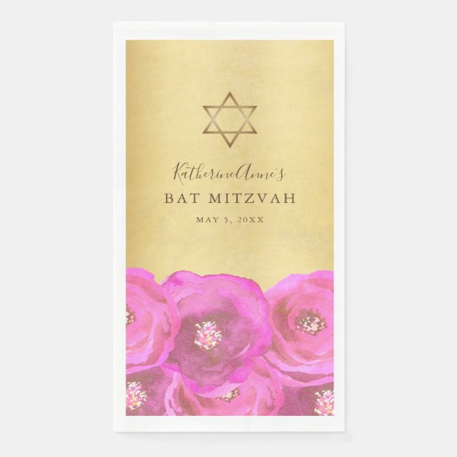 Serviette En Papier Elegant Pink Rose Floral Gold Bat Mitzvah (Devant)