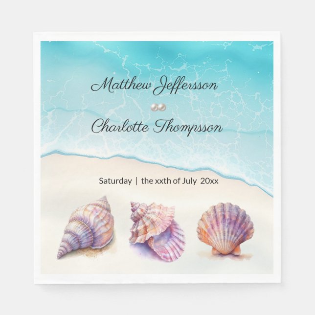 Serviette En Papier Elégant Plage Mariage Coquillages Perles Nautiques (Devant)